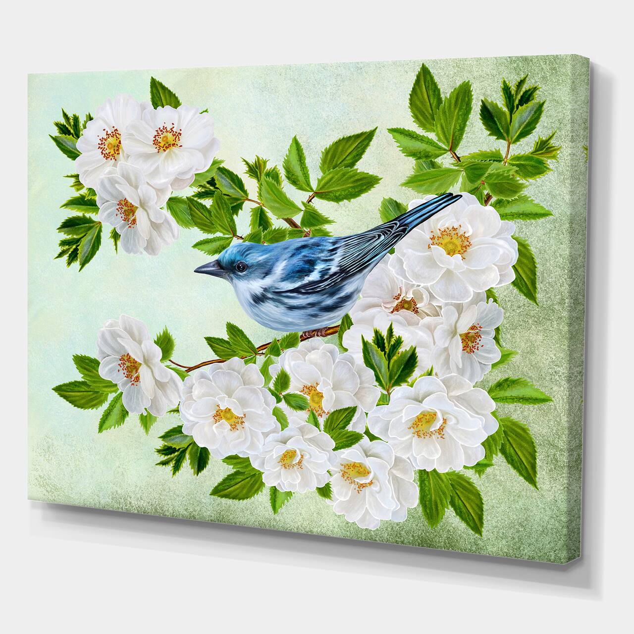 Designart - Little Blue Bird Sitting On A Branch of White Rose - Traditional Canvas Wall Art Print